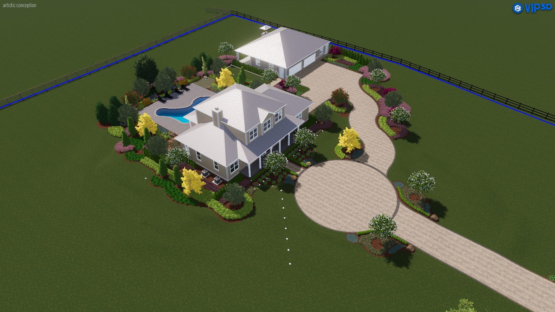 Aerial view of landscaped house with pool and garden.