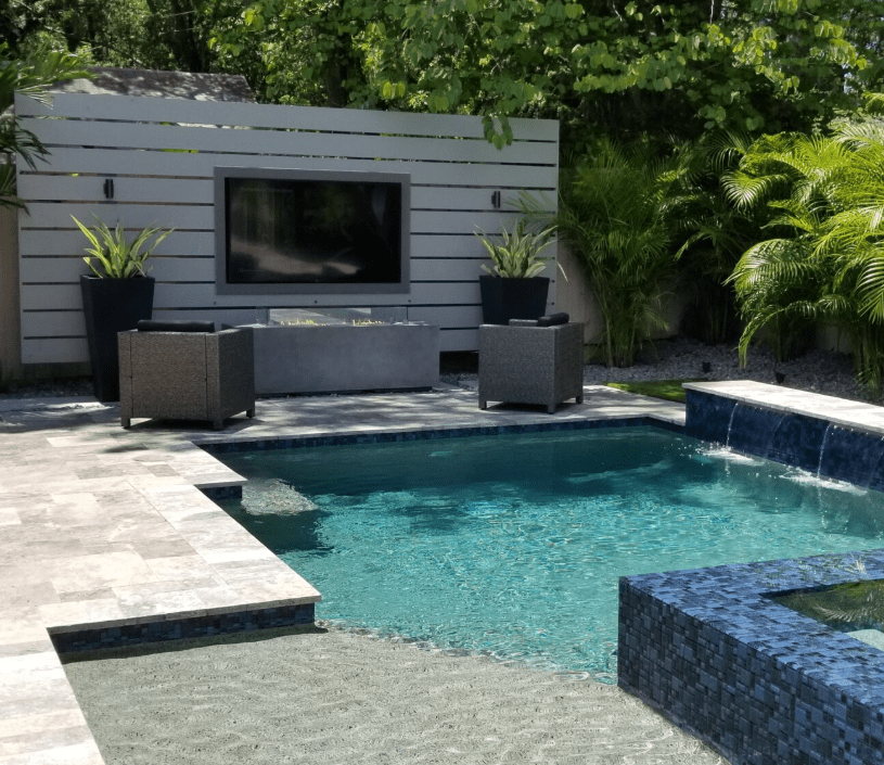 Modern backyard with pool and patio furniture