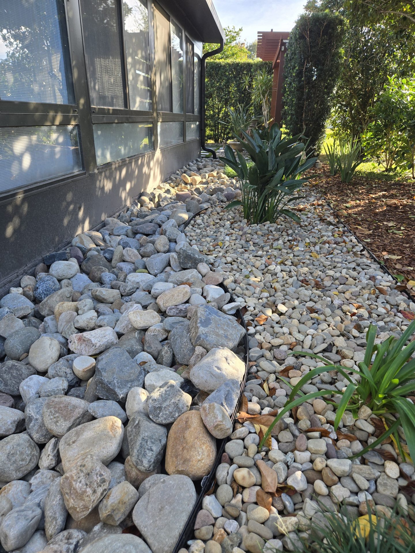 Rock garden with plants beside building