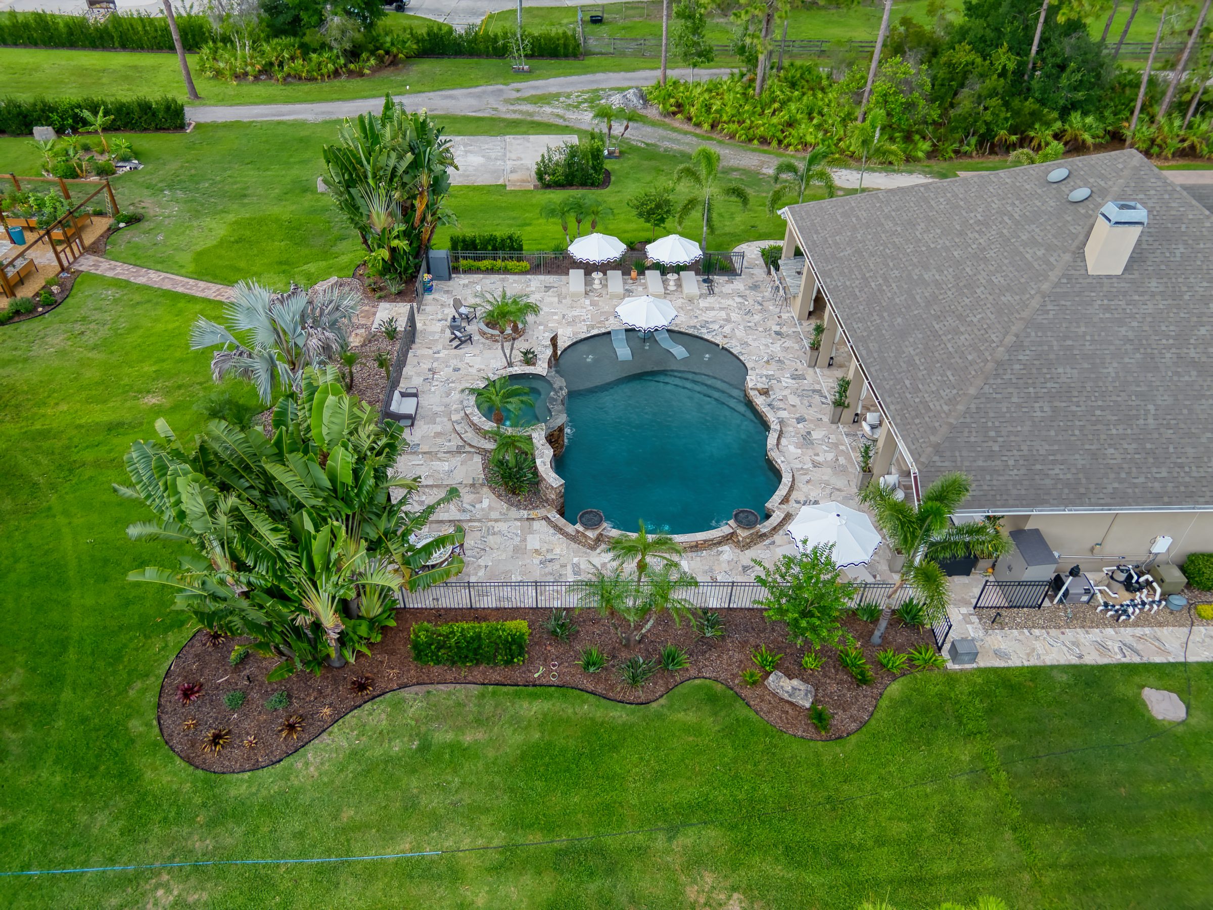 Aerial view of luxury pool and garden.