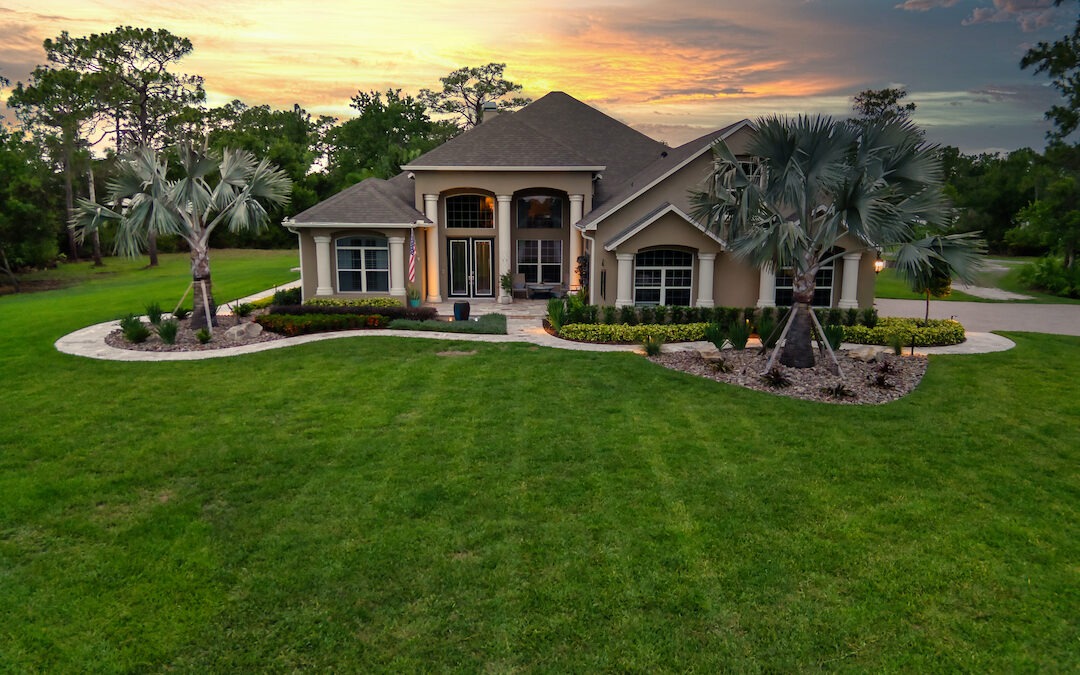 Modern house with palm trees at sunset