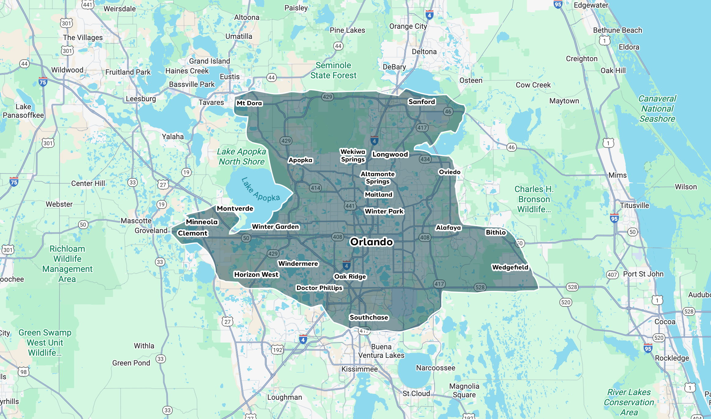 Map highlighting Orlando and surrounding areas in Florida.