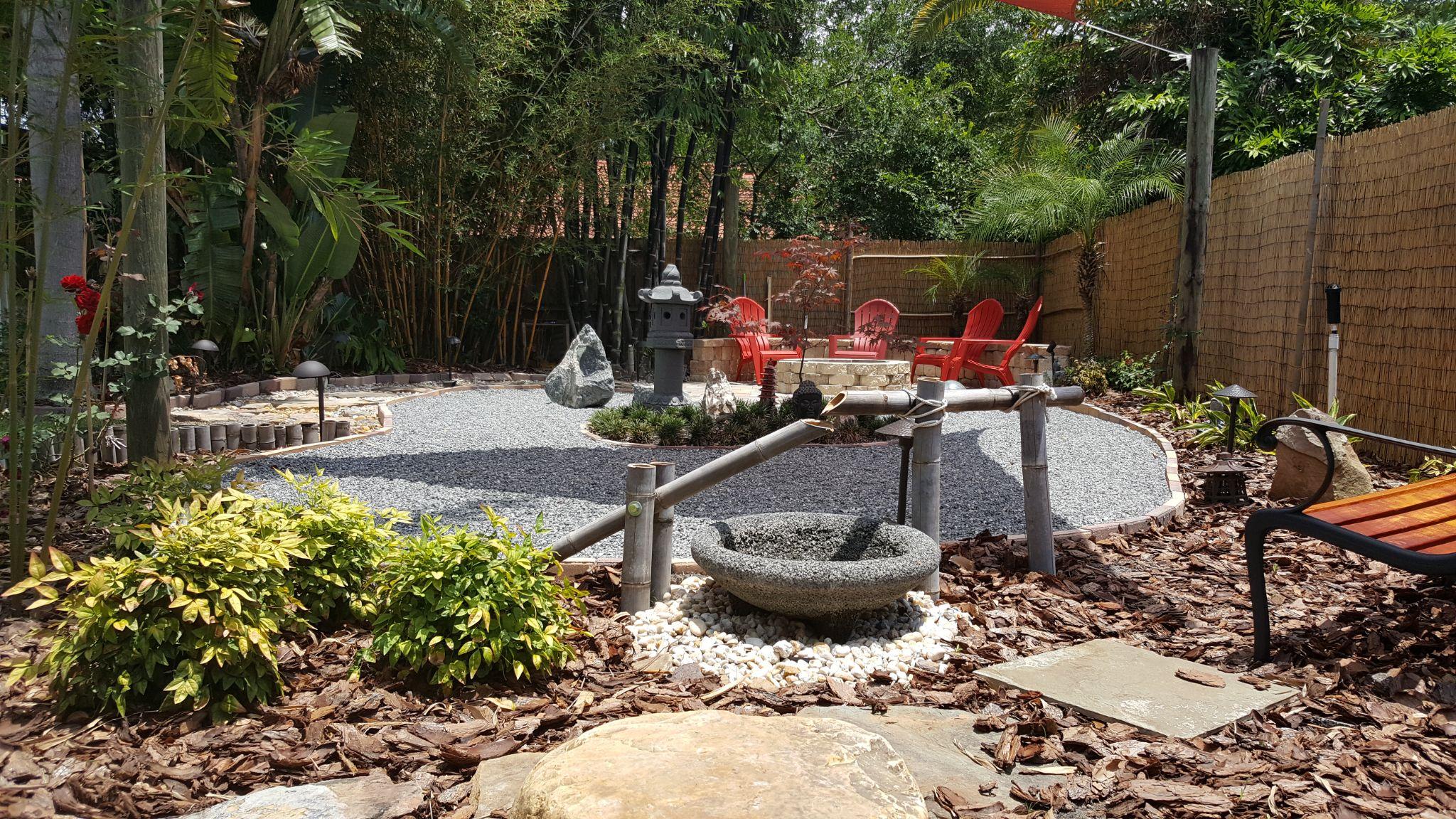 Garden seating area with gravel paths and fire pit