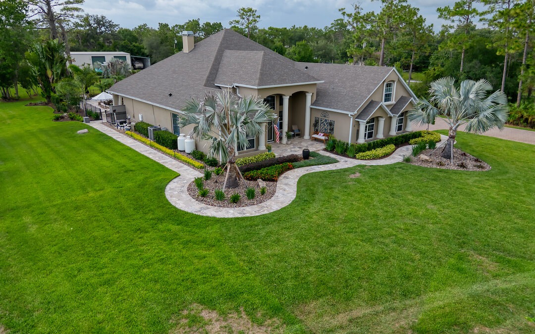 Beautiful home with landscaped garden and palm trees.
